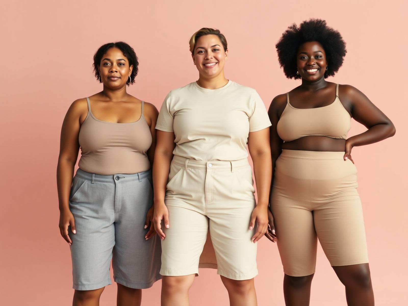 trois femmes de morphologies et carnations différentes, debout côte à côte